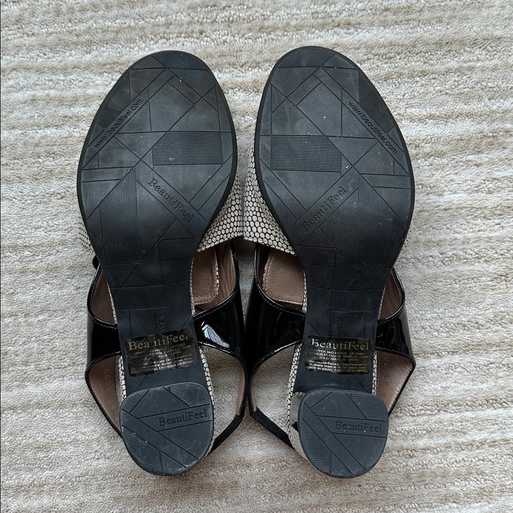 EUC Beautifeel Slingback Peep Toe Lace up Sandals Black Patent Dots EU 40 US 9.5